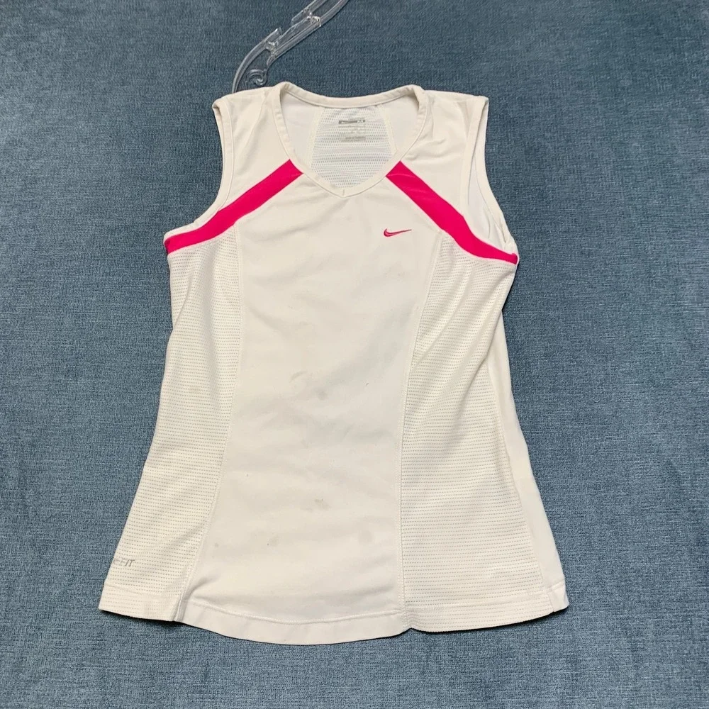 Y2K Nike Tank Top Girls M 10-12 White Pink Swoosh Logo Dri-Fit  Activewear
